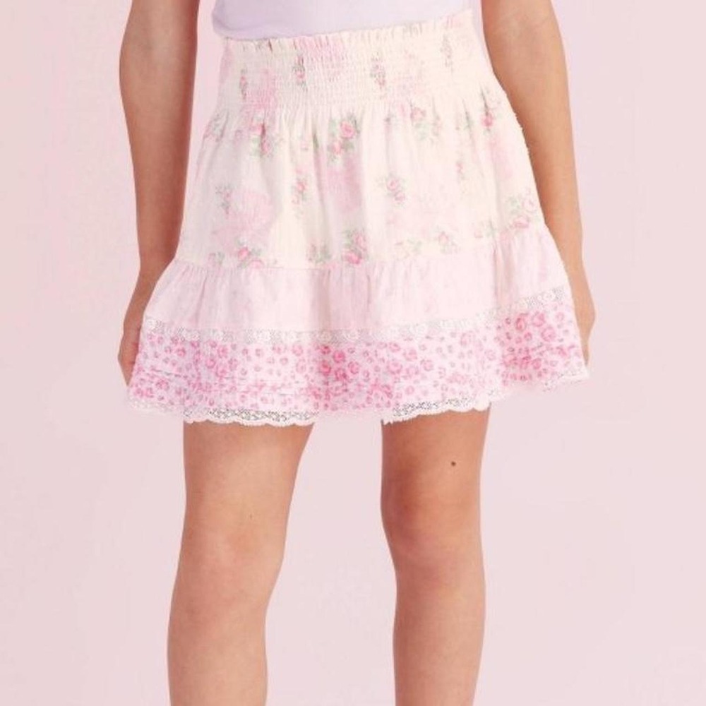 LoveShackFancy Rosa beaux tiered skirt blooming bows / rose pink girls size 9